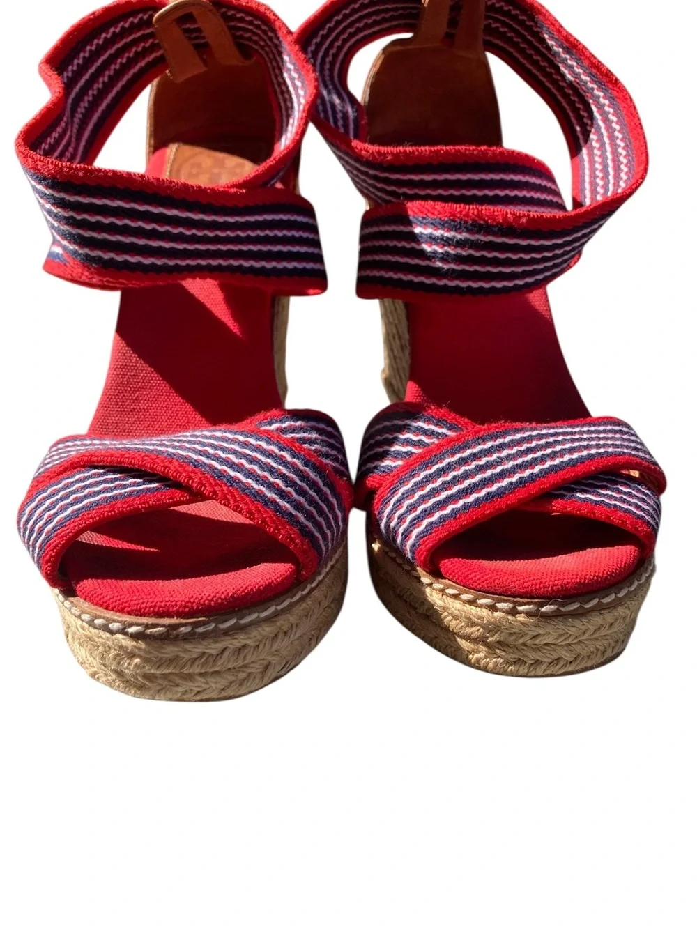 Tory Burch Red Navy Striped Espadrille Wedge Sandals Size 8 Canvas